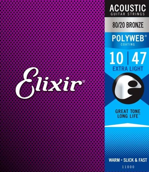 Elixir 11000 струны для акустической гитары из бронзы 80/20 с покрытием Polyweb 10-47
